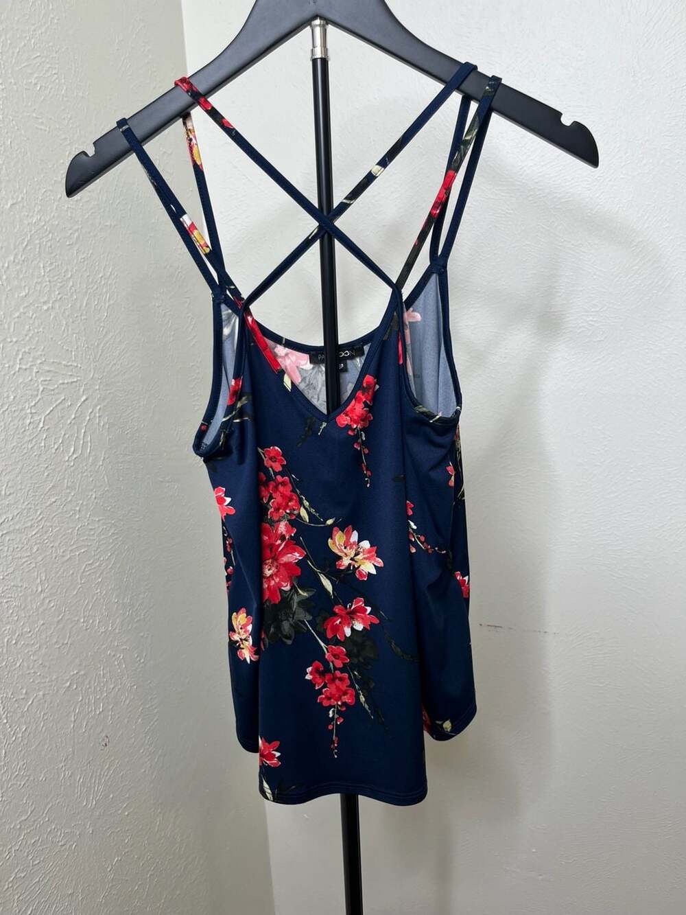 Basima Back Detail Navy Floral Criss Cross Strappy Knit Tank Top